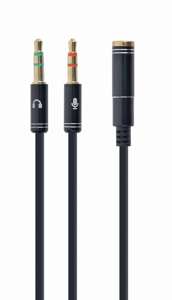 3.5 mm stereo + microfoon naar 4-pins 2x 3.5 mm adapterkabel, zwart, metalen connectoren