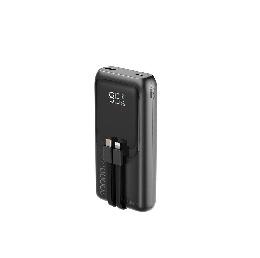 20 W Snelladende powerbank met ge&iuml;ntegreerde kabels, 20000 mAh, zwart